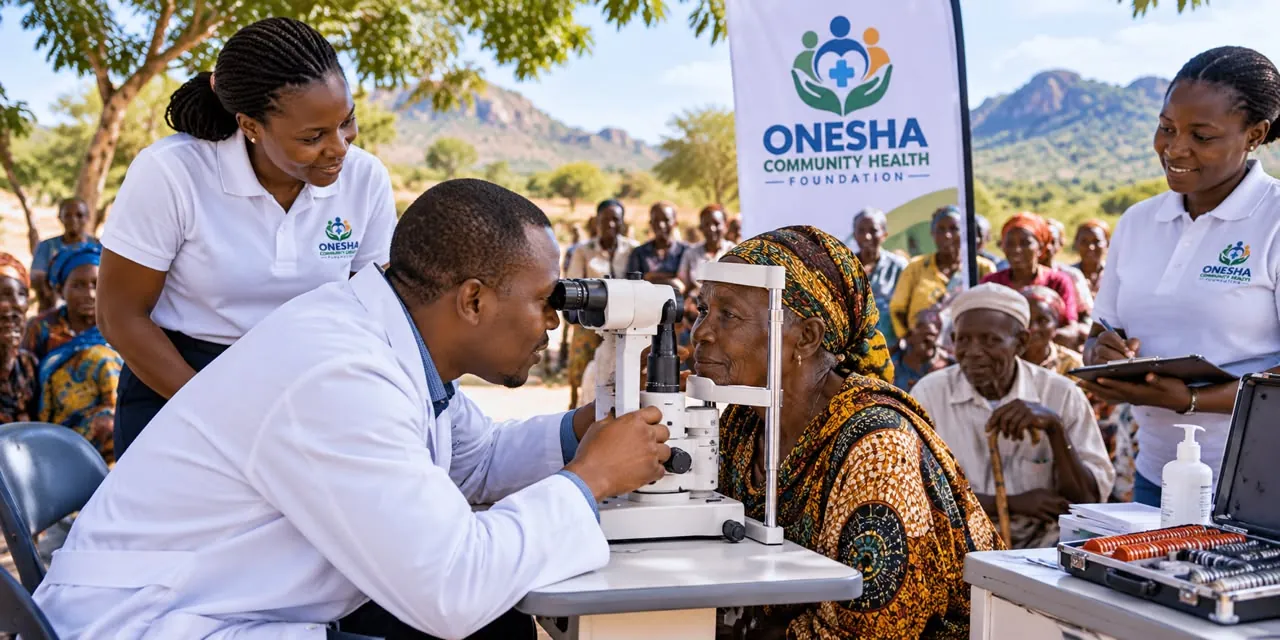 An eye-care clinician examines an older woman with a slit lamp at an outdoor screening, while community health workers look on